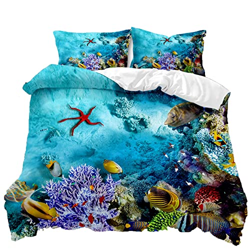 TULTOAP Parure de lit Motif animaux marins 135 x 200 cm, bleu marine - Motif tortue, poisson et corail - Housse de couette (mer profonde, 135 x 200 cm) Cover