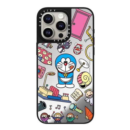 CASETiFY MagSafe �Ή��~���[ iPhone 15 Pro Max �P�[�X [���ː� / 1.5m����̗����������N���A / Doraemon Co-Lab] - �V���o�[ (�u���b�N�o���p�[) - Doraemon Secret Gadgets Case