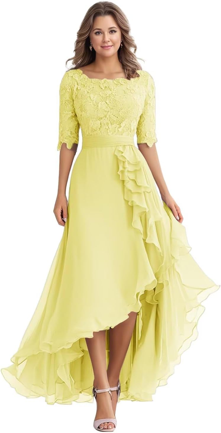 Mother of The Bride Dresses for Wedding Guest Tea Length Lace Applique Chiffon Half Sleeve Formal Evening Gowns 996