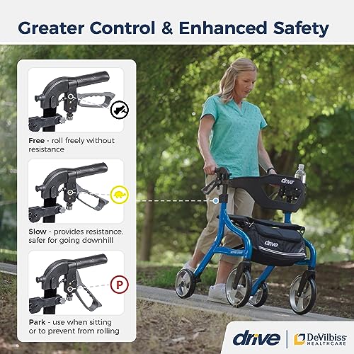 Drive Medical Nitro Sprint Foldable Rollator Walker with Seat - Lightweight Support - Large Wheels - Compact Folding Design - Adjustable Comfort - Standard Size - Blue - Thumbnail 3