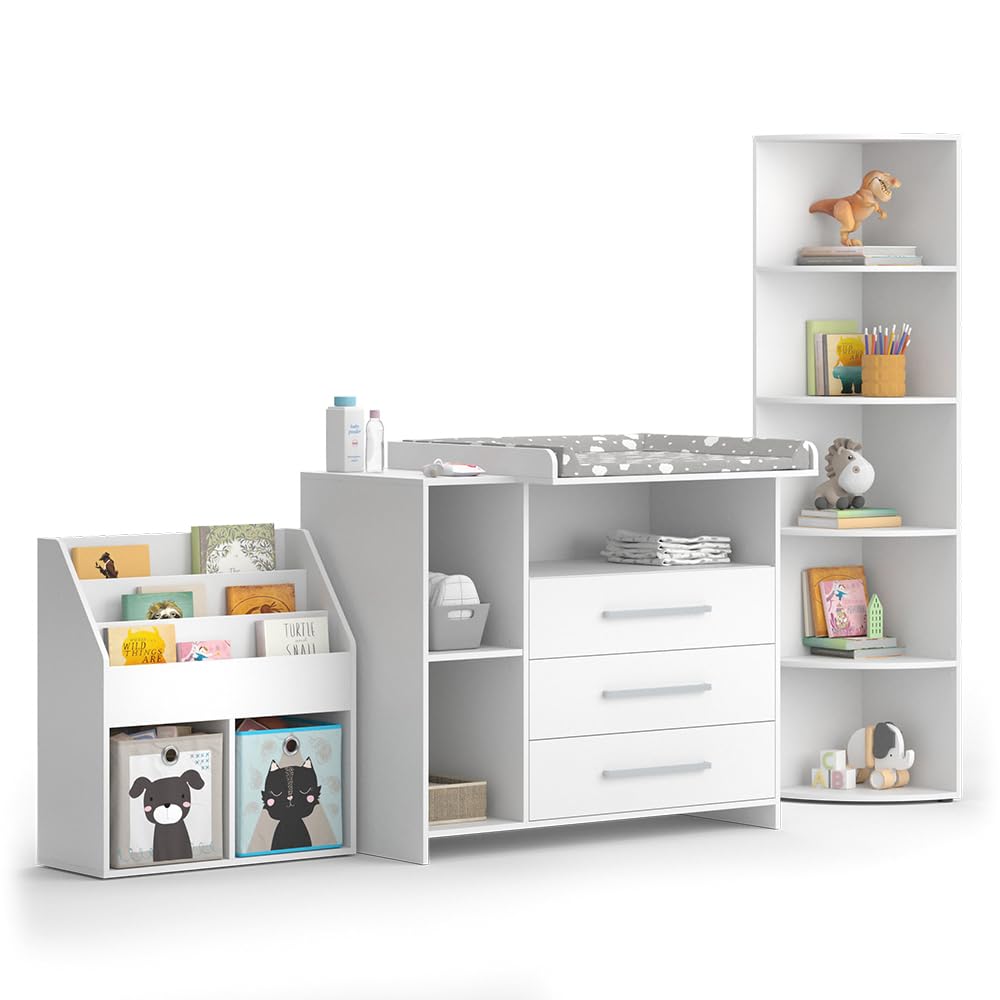 Vicco Set mobili bambini Oskar bianco 3 parti fasciatoio scaffale giocattoli libreria convertibile cassettiera