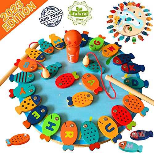Cozybomb Magnetic Wooden Fishing Game Toy For Toddlers - Alphabet Fish Catching Counting Preschool Board Games Toys For 3 4 5 Year Old Girl Boy Kids Birthday Learning Education Math With Magnet Poles #TOP8