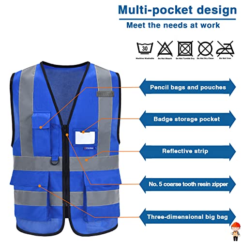 Image of High Visibility Reflective Vest, 7 Pockets, Zipper, Blue, 6XL-8XL | Blue 6XL-8XL fabric work vest with 7 pockets, reinforced pockets and front zipper for data centers and mechanical work.