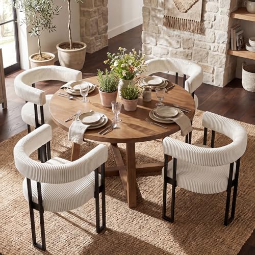 Image of Modern Corduroy Dining Chairs Set of 4 with Metal Legs,Comfy Accent Dining Room Chairs Upholstered Kitchen Side Chairs with Curved Backrest for Dining Room Kitchen Living Room (White,4)