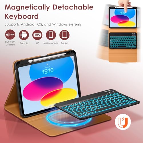 Image of DTTO for iPad 11th (A16) / 10th Generation Case with Keyboard (2025 /2022), 7 Colors Backlit Wireless Detachable Keyboard Leather Folio Cover with Pencil Holder & Pocket, Burgundy Red