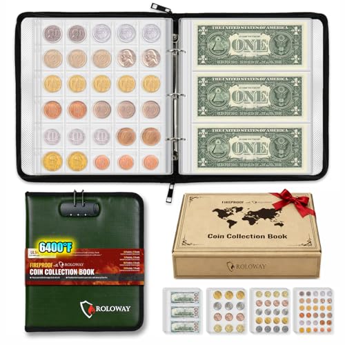 ROLOWAY Coin Collection Book 6400℉ Heat Insulated, 346 Pockets Fireproof Coin Book Holder and 36 Paper Currency Album with Aluminum Foil Layer, Money Saving Coin Collector Book with Lock (Green)