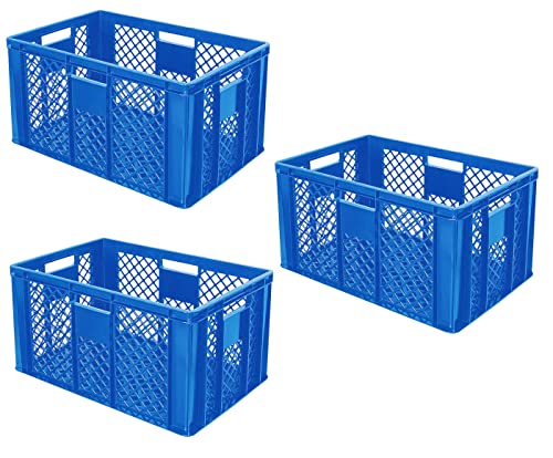 BRB 3x Eurobehälter durchbrochen, Stapelkorb, Industriequalität, lebensmittelecht, 600x400x320 mm (blau)