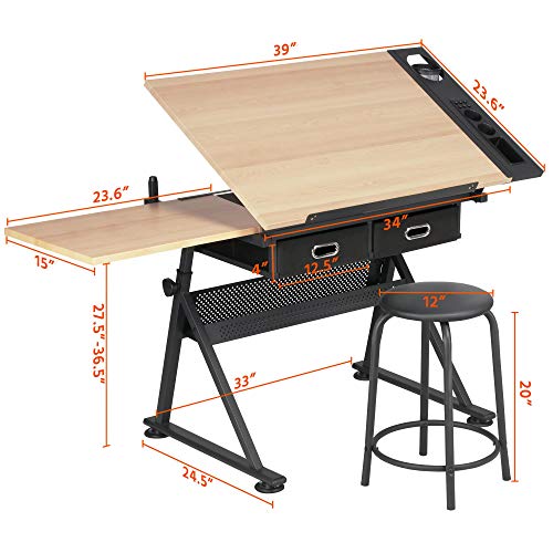 Yaheetech Height Adjustable Drafting Table Drawing Table Artist Desk Tilting Tabletop Art Craft Desk Watercolor Paintings Sketching Work Station W/2 Storage Drawers And Stool For Home Office #TOP2