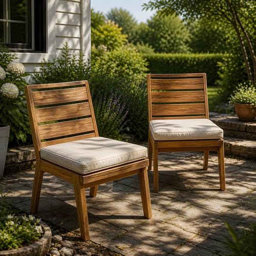 Christopher Knight Home Caren Slatted Design Outdoor Dining Chairs Set of 2, Armless Patio Dining Chairs with Cushion, Acacia Wood Accent Chair for Patio Poolside Garden, Teak + Beige by Christopher Knight Home - Used condition - Image 3