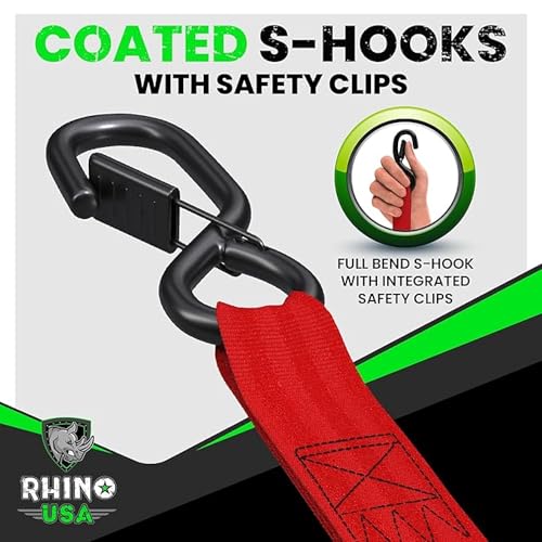 Image of Rhino USA Retractable Ratchet Straps (4-Pack) - 1 Inch x 10 Feet (1,209lb Break Strength) - Auto Self Retracting Tie Down Straps for Truck, Cargo Trailer, Motorcycle, ATV, UTV - Red