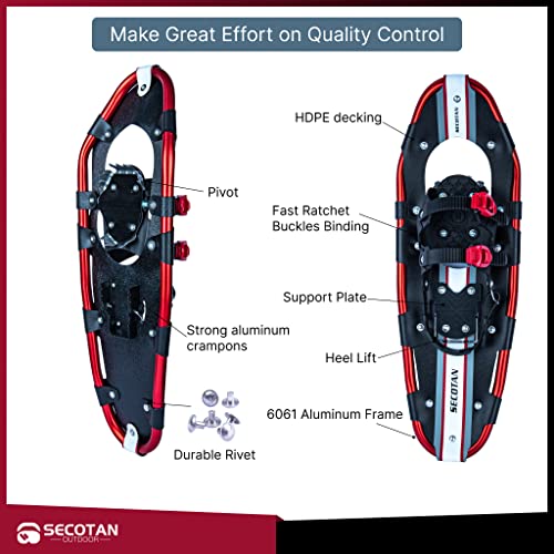 Secotan 21/25/30 Inches Snowshoes, Lightweight Aluminum All Terrain Snowshoes For Men & Women, Heel Lift Design And Up To 250 Lbs With Snowshoe Bag (21 Inch, Red/Black) #TOP1