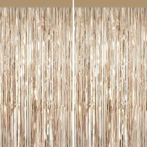 2 Pack Champagne Gold Metallic Tinsel Foil Fringe Curtains Door Streamers Photo Booth Backdrop for Birthday Party Tinsel Curtain Backdrop for Christmas New Years Eve Party Decorations