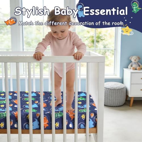 Image of JISEN Baby Fitted Crib Sheets for Boys Girls 52x28 Inch Space Dinosaurs