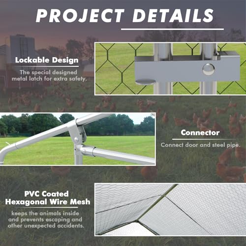 Image of LEMBERI Metal Chicken Coop Spire Roof Walk in Chicken Run Pen for 6 Chickens, Galvanized Rabbits Duck Poultry Cage with Waterproof Cover for Outdoor,Backyard and Farm