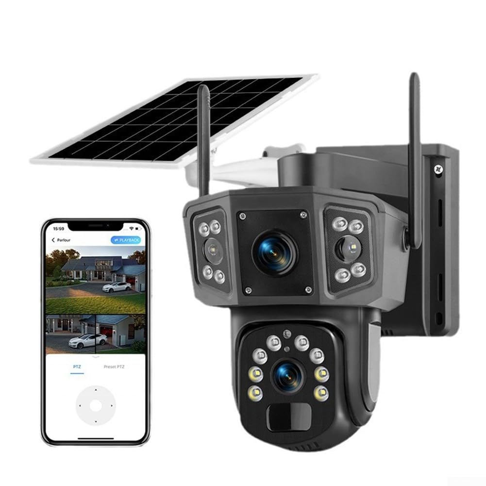 Cámara de seguridad solar WiFi con lentes duales y tecnología de color para una vigilancia integral, Sistema CCTV PTZ 4K 360 ° PTZ para exteriores (negro)