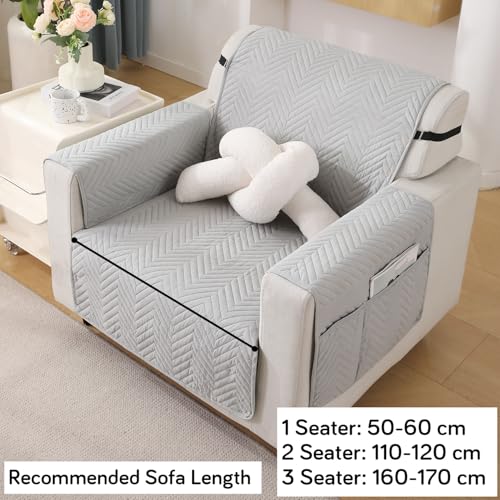 Image of HOKIPO Polyester Quilted 1 Seater Sofa Cover Mat with Pockets, Light Grey (In-801-Lgry)