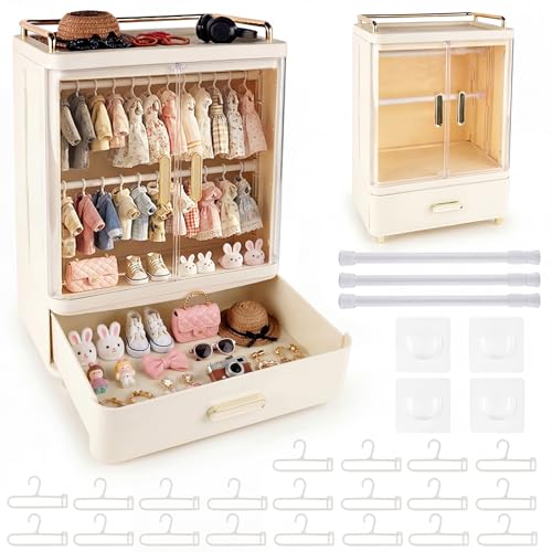 Foldable Doll Wardrobe Large Capacity Stand Compatible 10 Hangers Rod & Support Dust-Resistant Stackable Organizer Cabinet Storage Box for 15/17cm Doll Clothes Shoes Accessories
