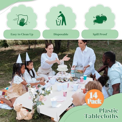 Image of White 14 Pack 54 x 108 Inch Plastic Tablecloths, Disposable Rectangle Tablecloth, Party Table Cover Plastic Table Cloth