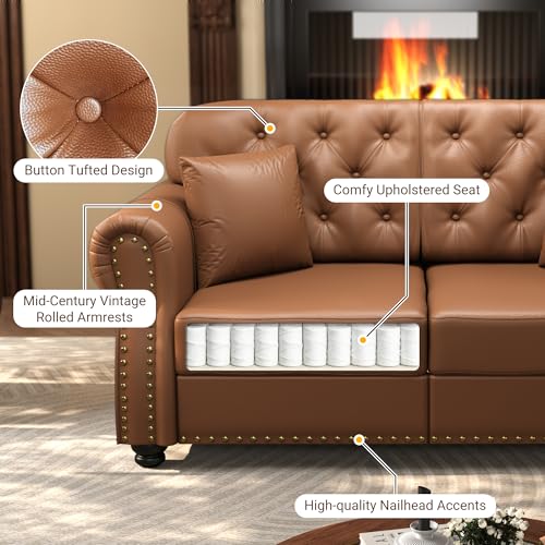 Image of KEIKI 2-Piece Chesterfield Sofa Set with 1 Faux Leather 3-Seater Sofa & 1 Single Sofa, Upholstered 4-Seater Couch Set with Nailhead Trim & Rolled Arms & 1 Ottoman & 4 Pillow, for Living Room, Brown