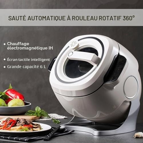 Machine de cuisson automatique, 6 L électrique Wok Machine à riz frit, démarrage en un clic, 3 vitesses réglables, rotation automatique à 360°, pour sauter, ragoût, cuisson
