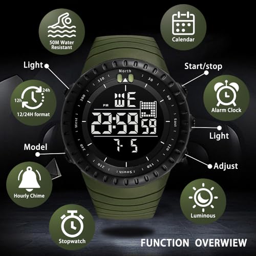 KXAITO Men's Watches Sports Outdoor Waterproof Military Watch Date Multi Function Tactics LED Face Alarm Stopwatch for M
