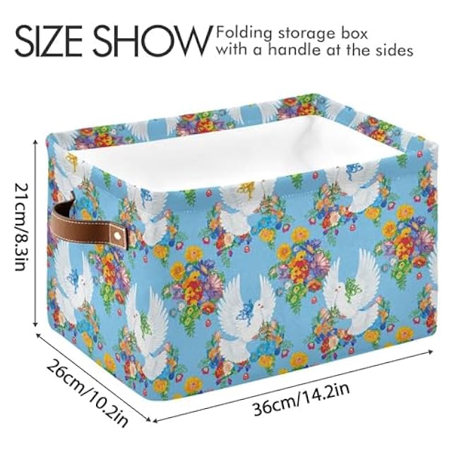xigua Doves Storage Basket Foldable Storage Bin, Canvas Rectangular Storage Basket with Leather Handles for Home Closet & Office Decoration