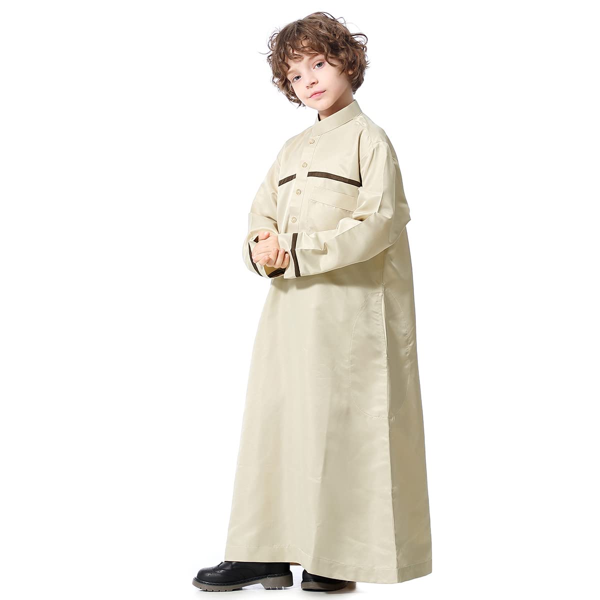 IDOPIP Muslim Thobe Islamic Thobe for Boys Kids Long Sleeve Button Down Arabic Kaftan Robe Suit Middle East Loose Maxi Full Length Cover Prayer Thobes Modest Clothes with Pockets Beige 4-5 Years