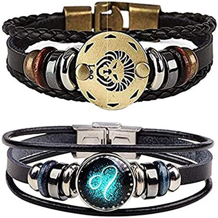 NIGHTCRUZ Constellation Braided Rope Bracelet - Punk Alloy Leather Bracelet - Hand Woven Braided Rope Bracelet Punk Chain Cuff 2 PCS (Leo)
