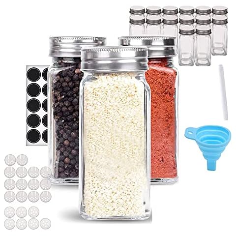 14Pack Glass Spice Jars 4oz Empty Square Spice Bottles with 36 Spice Labels, Shaker Lids and Airtight Metal Caps, Silicone Collapsible Funnel, Glass Containers for Spice Herbs Seed Storage Cover