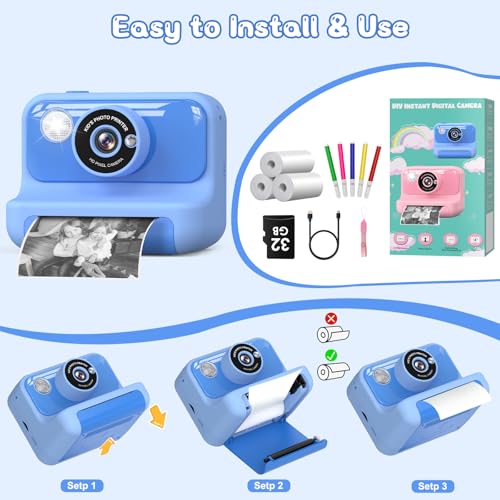 Hangrui Sofortbildkamera Kinder, 2,4 Zoll Kinderkamera Sofortbildkamera mit 32G Karte & Druckpapier, 1080P Kamera Kinder Sofortdruck mit Farbige Stifte, Geschenk für Kinders 3-12 Jahren-Blau