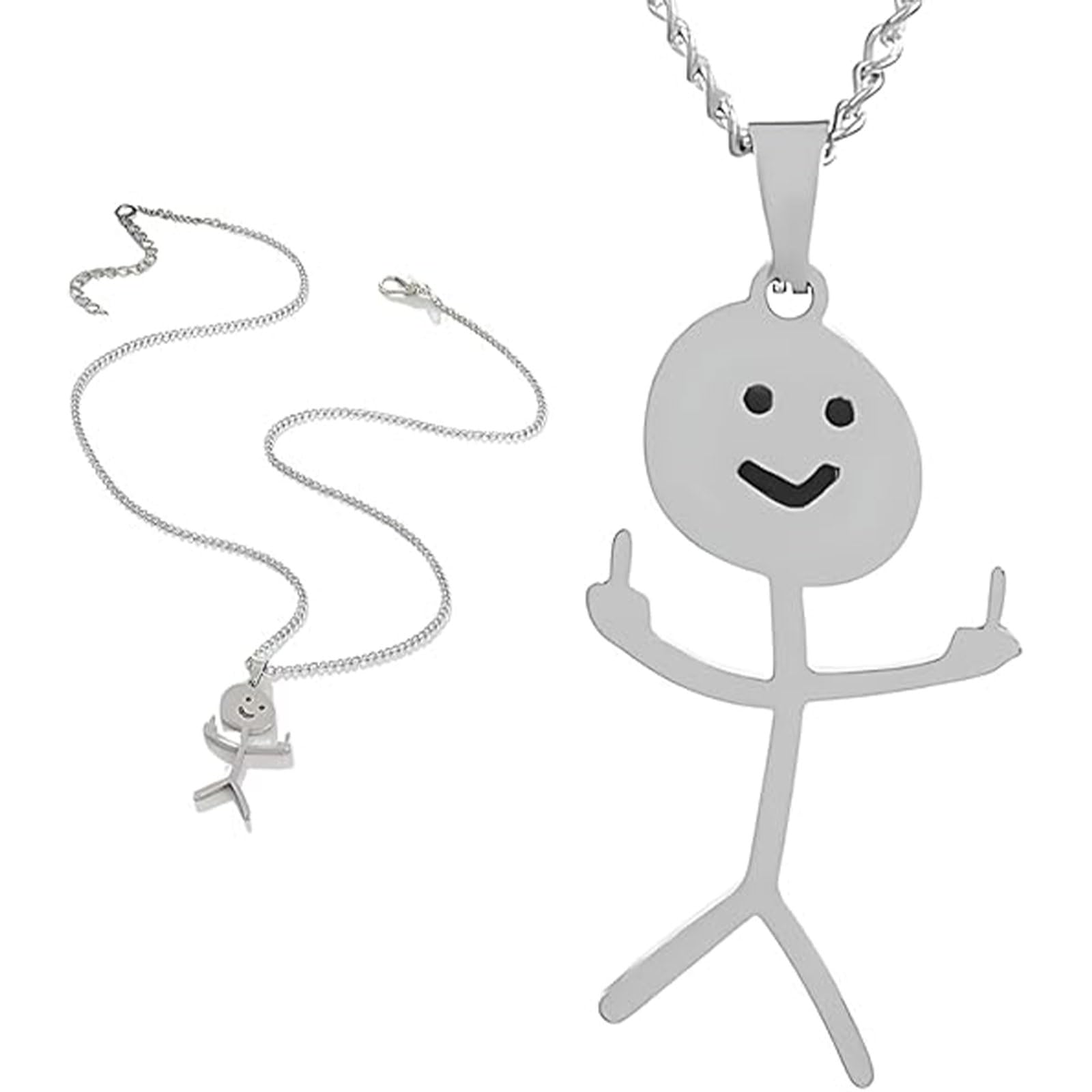 Funny Swearing Stick Man Necklace Pendant with Chain - Silver High Grade Stainless Steel - Middle Finger Flipping the Bird - Cute Minimalist Jewellery Gift for Men or Women - Smiley Guy - 45cm Chain