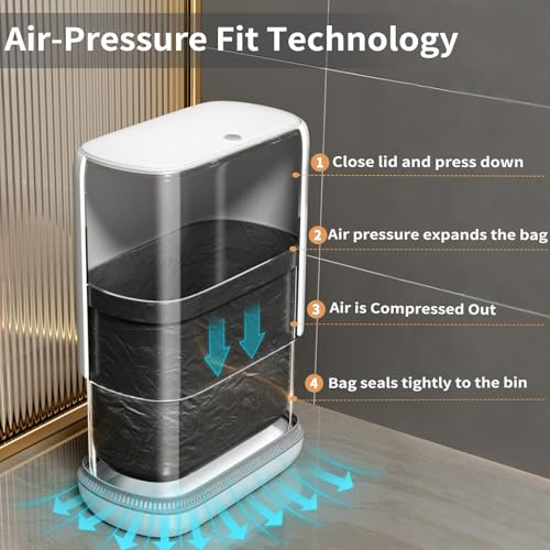 Image of Bathroom Trash Can with Lid, 3 Gallon Small Slim Garbage Bin with Auto-Adsorption & 75 Bags (5 Rolls), Mini Waste Basket Dog Proof for Bathroom, Kitchen, Office, Bedroom, Laundry, Toilet, Rv, White