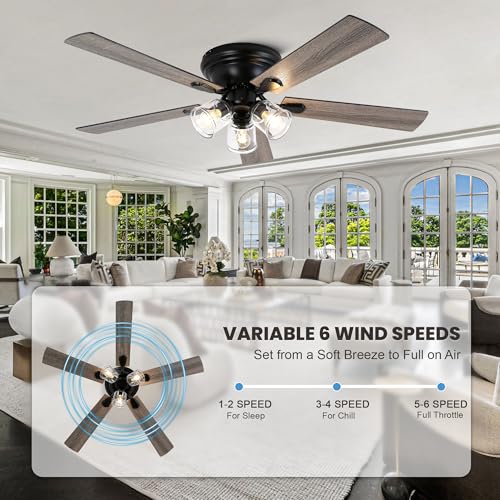 Image of Dawn Whisper 52 Inch Flush Mount Farmhouse Ceiling Fans with Lights Vintage Ceiling Fan with 3 Bulb Lights Remote for Bedroom Living Room Kitchen