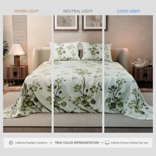 Image of BLISSHOME SoftTouch 140TC Cotton King Size Printed Bedsheet with 2 Pillow Covers for Double Bed, Silky Smooth Bedding Set, Breathable, Easy Maintain, Floral Print - Green