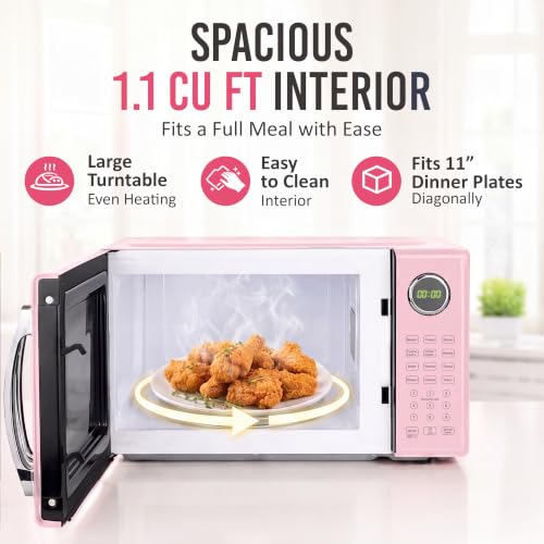 Image of Nostalgia Retro Microwave Oven - 1.1 Cu Ft, 1000-Watt Countertop Size with Glass Turntable, Child Safety Lock, 8 Auto-Cook Programs, Digital Clock - Pink