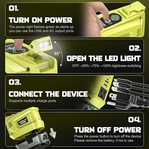 Image of LIVOWALNY 220W-250W Power Inverter Compatible with Ryobi 18V Battery, DC 18V to AC 110-120V Power Station with 1 AC Outlet, 2 USB, 1 Type-C & LED Light, for Camping Power Outage (No Battery)
