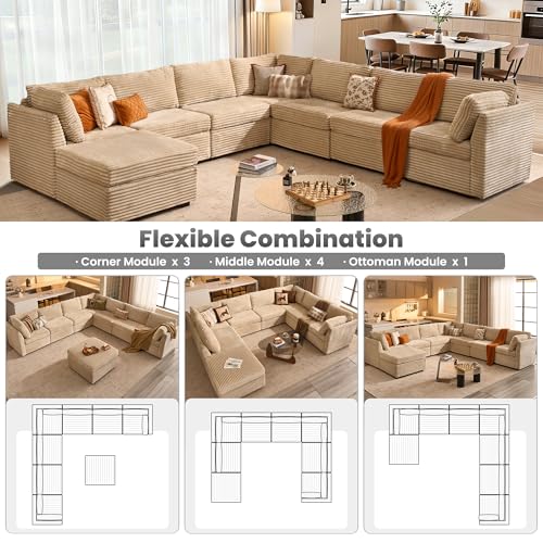 Image of ovios Modular Sectional Sofa Couch with V-Shape Chaise Ottoman, Comfy Plush Corduroy Cloud Couches, Modern Luxury Deep Seat Sofas Set for Living Room, 8-Seater, Beige
