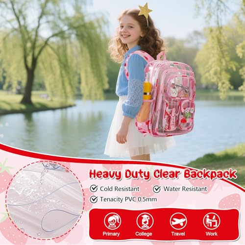 Image of Clear Backpack for Kids, Strawberry Backpack for Girls, Water-Resistant See Through Bookbag with Chest Strap for Preschool Kindergarten College Travel Stadium Work Concert