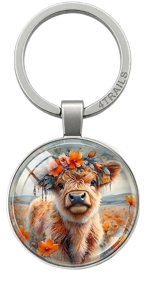 4Trails Highland Cow Scottish Keyring, Orange Floral Design