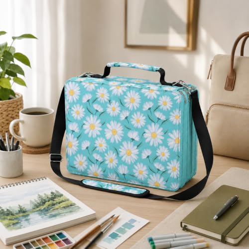 Image of 224-Slot Marker Organizer Bag, 4-Layer Case with Strap | 224-slot 4-layer marker bag in twill Oxford fabric with handle, detachable strap, smooth zipper for studio and outdoor use.
