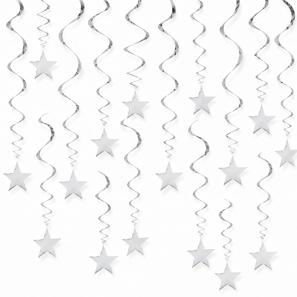 15Pcs Dark Blue Star Hanging Swirls Decorations, Navy Blue Star Streamers for Ceiling Party Decor, Foil Spiral Hanging Garland for Birthday Wedding Galaxy Space Theme Party Supplies (silver)