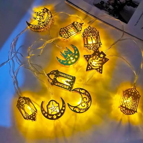 Kimuwote Cadena de Luces LED Musulmán Ramadán, 4,92 Feet 10 LED Estrellas Luna Decoraciones para Ramadan Outdoor Home Festival Party Dormitorio Cumpleaños