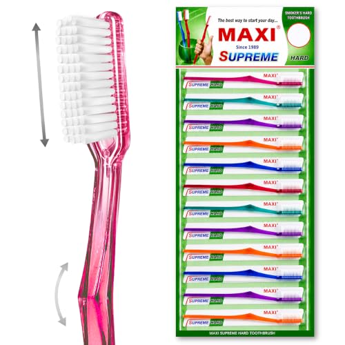Image of MAXI Supreme Hard Bristle Toothbrush for Adults Pack of 12 | Deep Cleaning, Plaque & Stain Removal | Durable Firm Bristles | Comfortable Grip Handle | Multicolour
