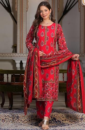 Image of Amayra Women's Pure Cotton Printed Straight Kurta Set with Palazzo pants & dupatta|Ethnic wear|Kurti Suit Set for Women
