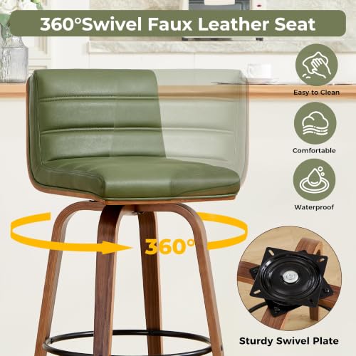 Image of Swivel Bar Stools Set of 4,26 inch Mid Century Modern Counter Height Barstools with Back, Faux Leather Upholstered Bar Chairs with Bentwood Legs Island Stools for Kitchen Counter Green