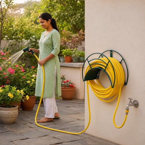 Image of Urban Plant Wall Mount Hose Hanger | Heavy-Duty Watering Hose Reel Holder for Garden, Outdoor, and Garage | Durable Metal Storage Hook for Hose Organization (Green)