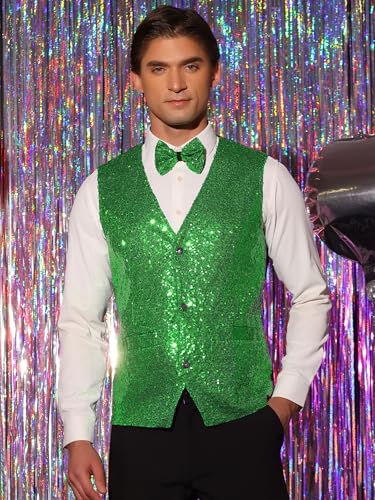Lars Amadeus Men's Sequin Shiny Slim Fit Vest Sleeveless Suit Waistcoat Set with Bow Tie2