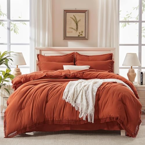 Image of Andency Oversized King Comforter Set with Sheets 128x120 Terracotta - 7 Pieces Bed in a Bag Boho Soft Lightweight Bedding Sets, Tassel Bed Set with Comforter, Sheets, Pillowcases & Shams