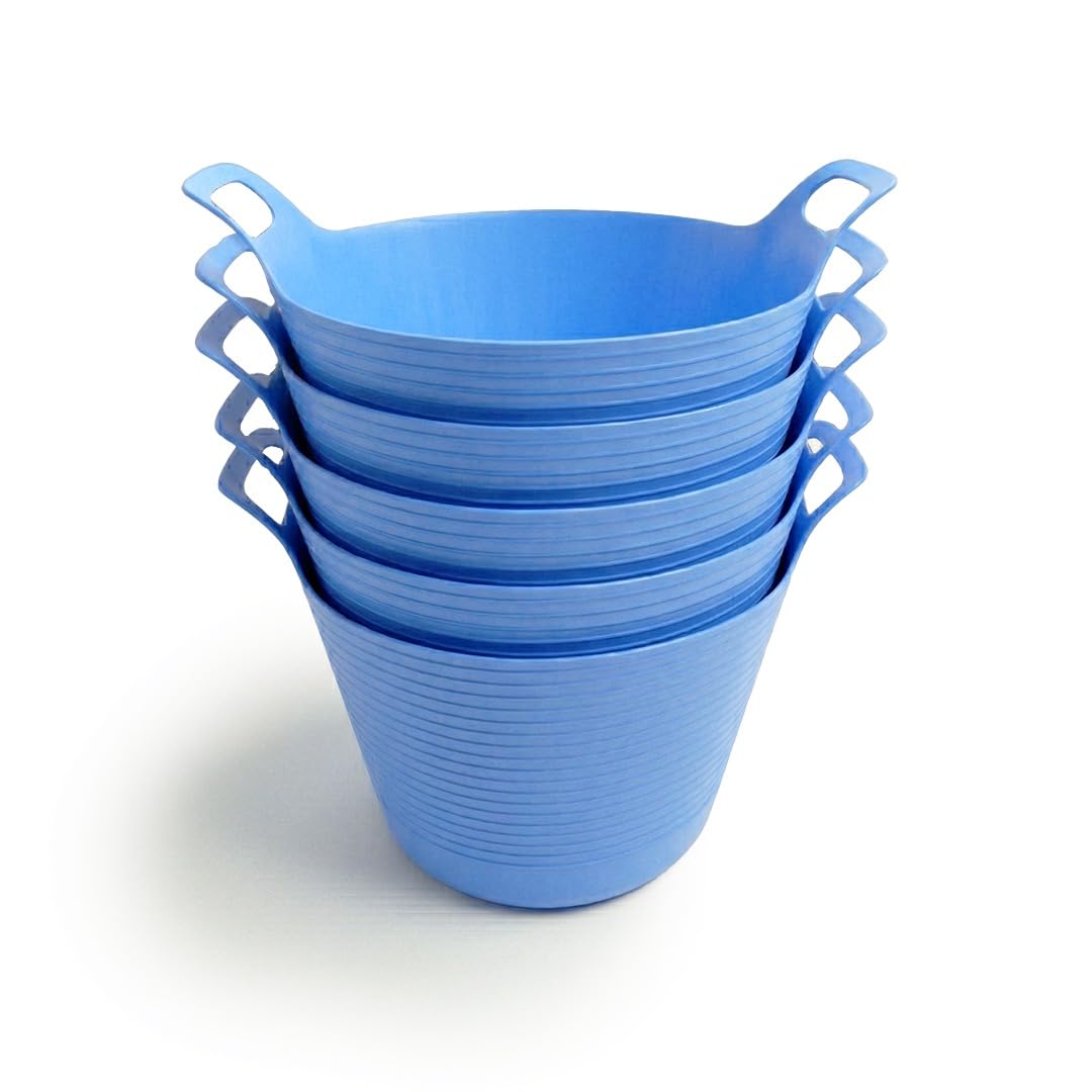 Organized Blue Flexi Tub Set Of 5, 40L Large Heavy Duty Flexible Bucket, Multi-Purpose Garden, Builder And Storage Container (Blue)