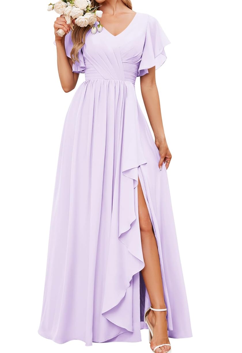 AHERKLL Ruffles Chiffon Bridesmaid Dresses Short Sleeve Party Prom Evening Gowns with Slit Maid of Honor Gown AH152 Lilac UK18